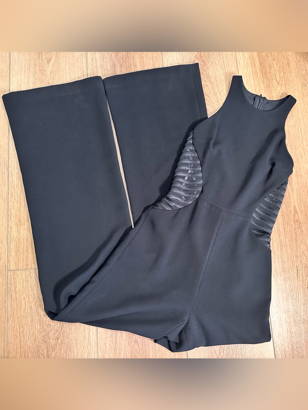 Halston Heritage Black Jumpsuit Sheer Cutout Sides WideLeg Minimalist Chic 2 NWT